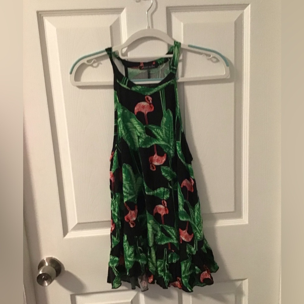 Sweet Claire Black Tank Dress with Pink Flamingo & Green Leaves